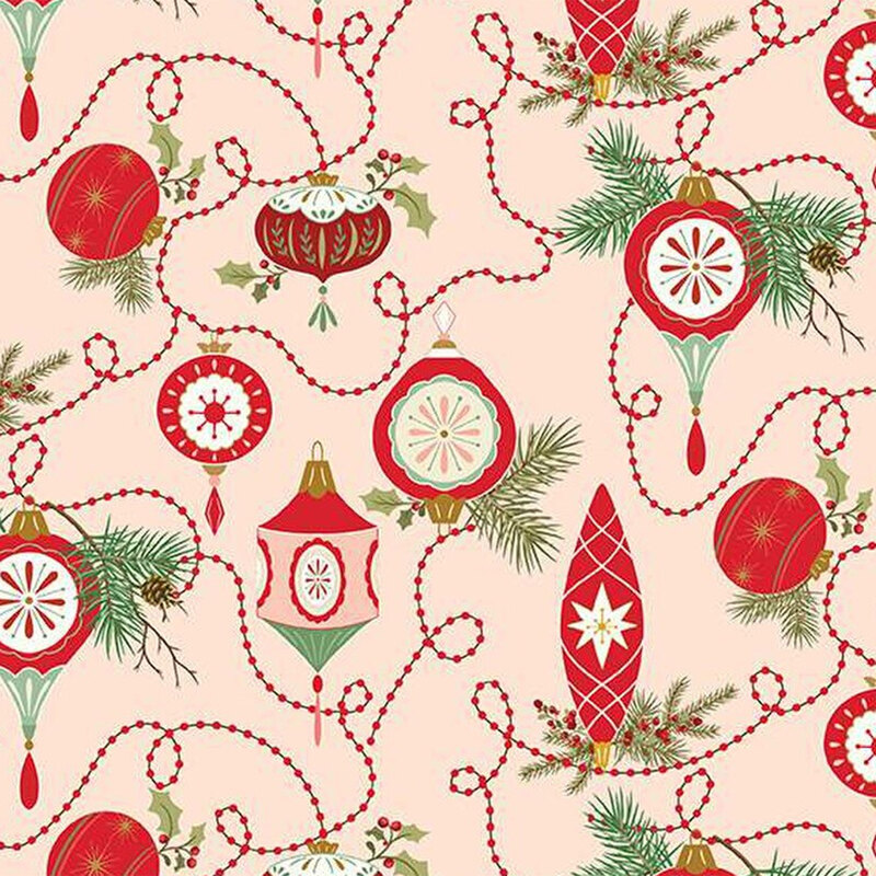 Fabric pattern featuring red and green Christmas ornaments and pine branches on a pink background