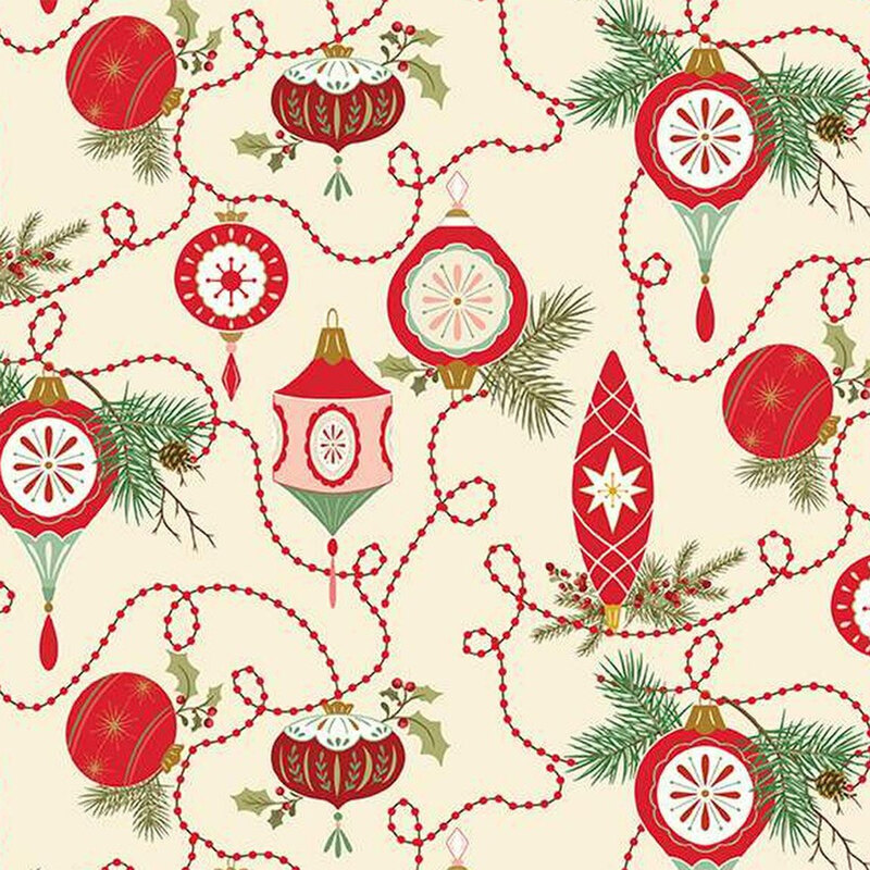 Fabric pattern featuring red and green Christmas ornaments and pine branches on a cream background