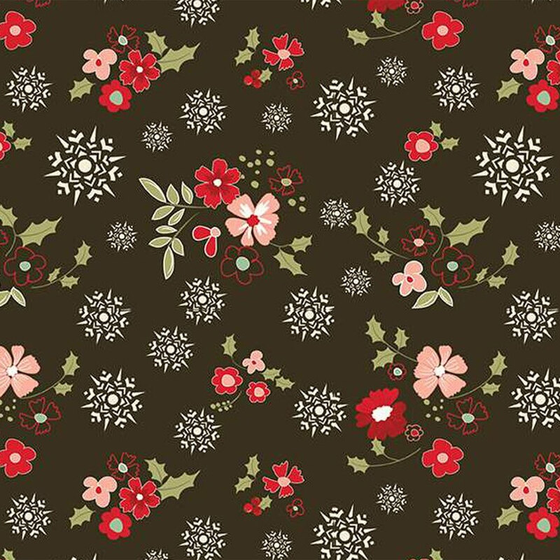 Patterned fabric featuring red and pink flowers, green leaves, and white snowflake designs on a dark brown background.