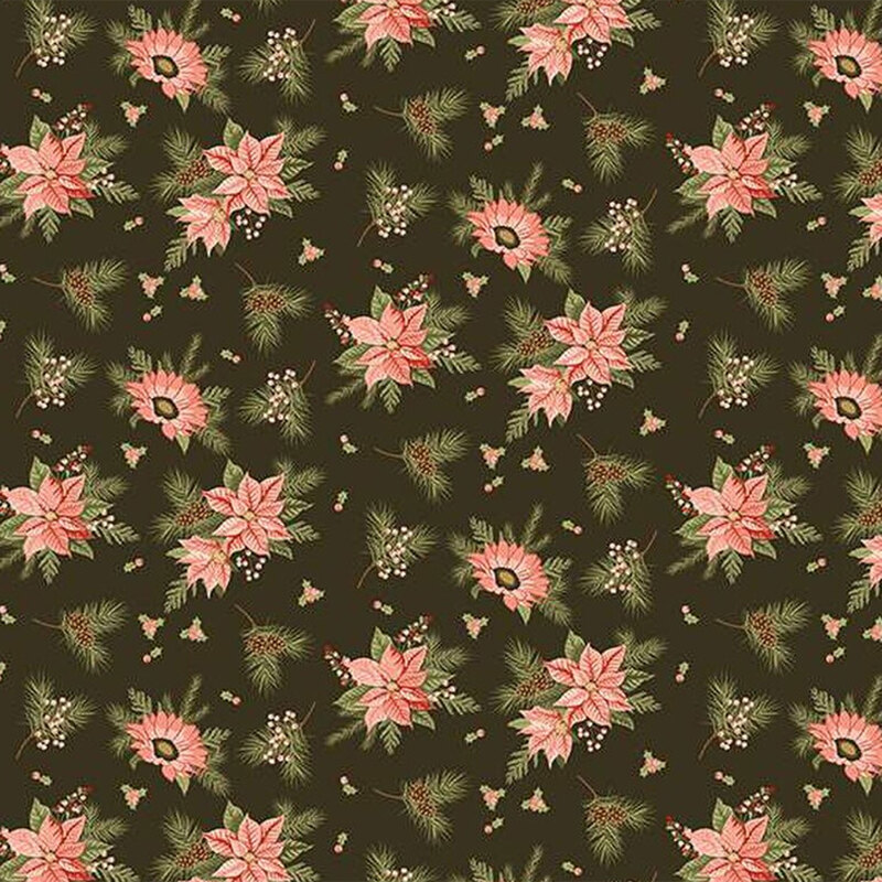 Floral fabric pattern with pink poinsettias and green pine branches on a dark brown background.