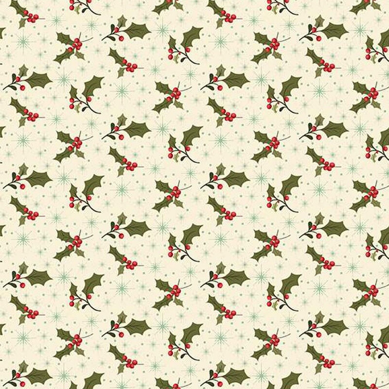 Fabric featuring holly leaves and red berries on a light cream background.