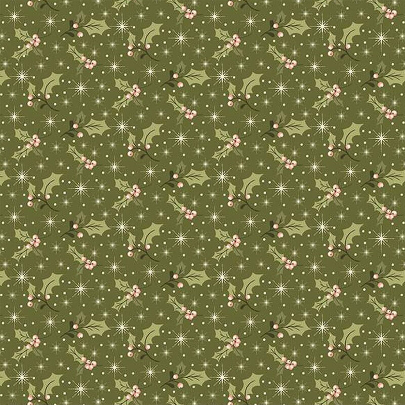 Fabric featuring holly leaves and red berries on a dark green background.