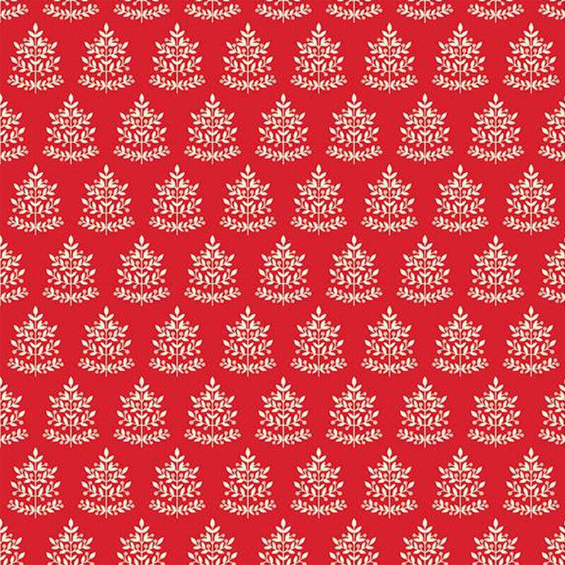 Red fabric with rows of cream Christmas trees throughout