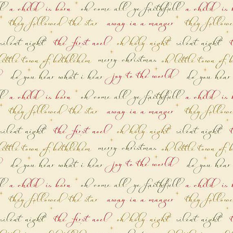 Cream fabric with rows of multi colored cursive holiday phrases