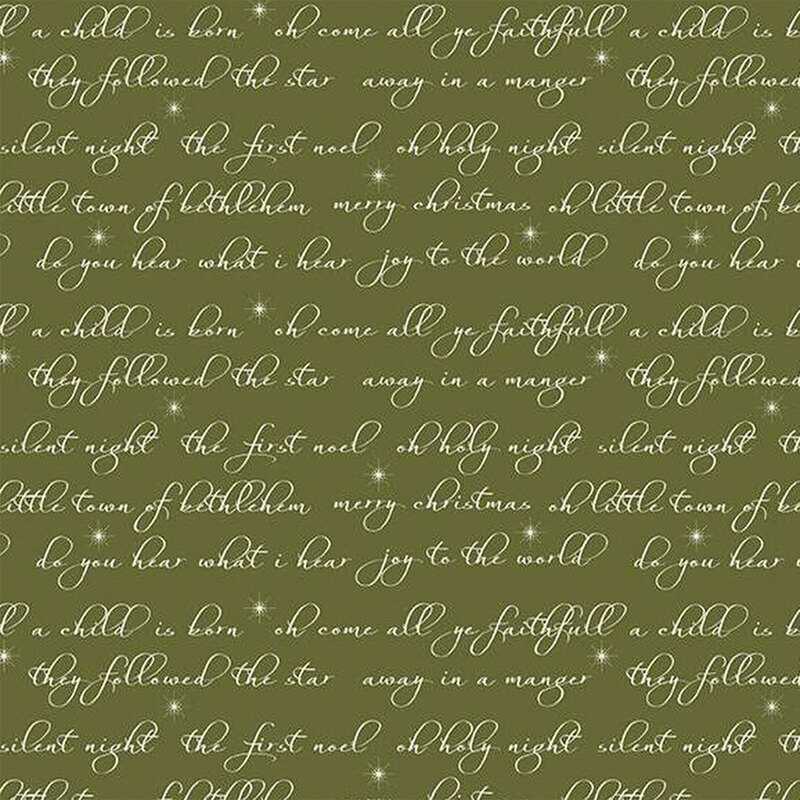 Dark green fabric with rows of cursive holiday phrases in cream