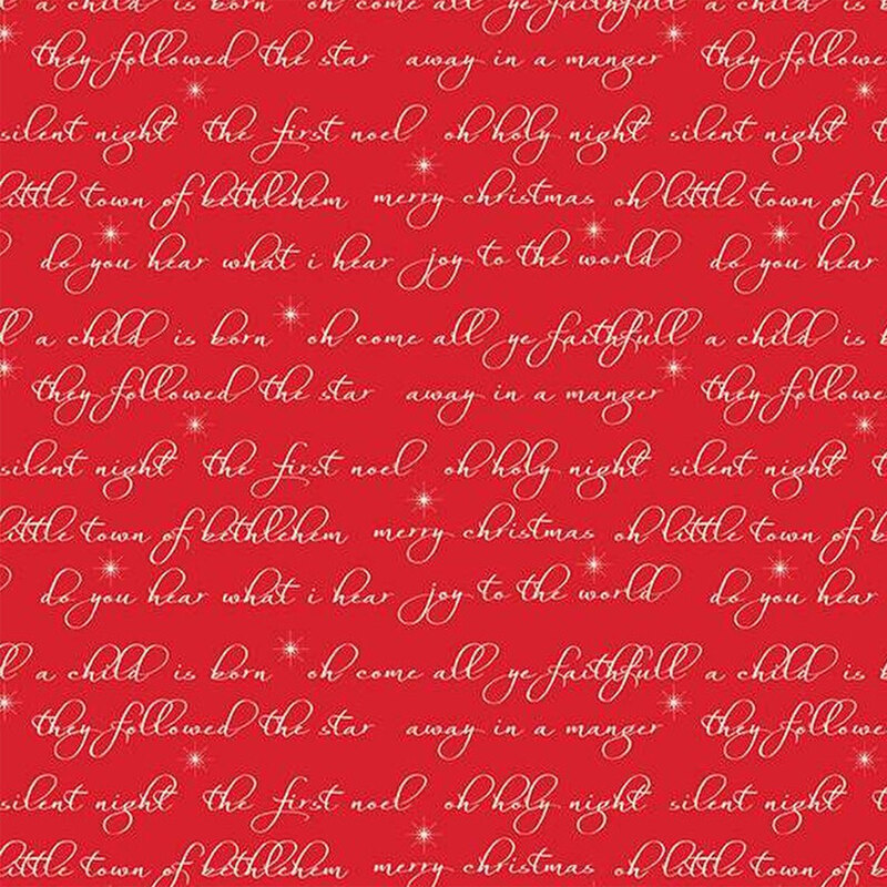 Red fabric with rows of cursive holiday phrases in cream