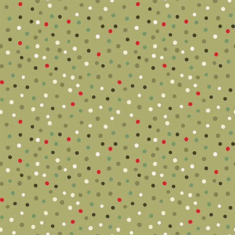 Light green fabric with red, green, white, and black polka dots throughout