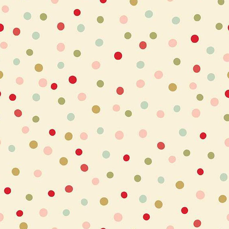 Cream fabric with large red, green, pink, and light blue polka dots throughout