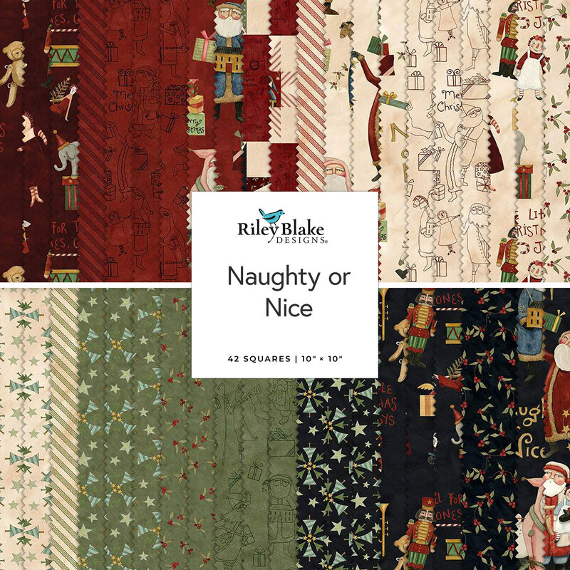 Fabric squares in festive prints themed around Santa, featuring reds, greens, and cream colors.