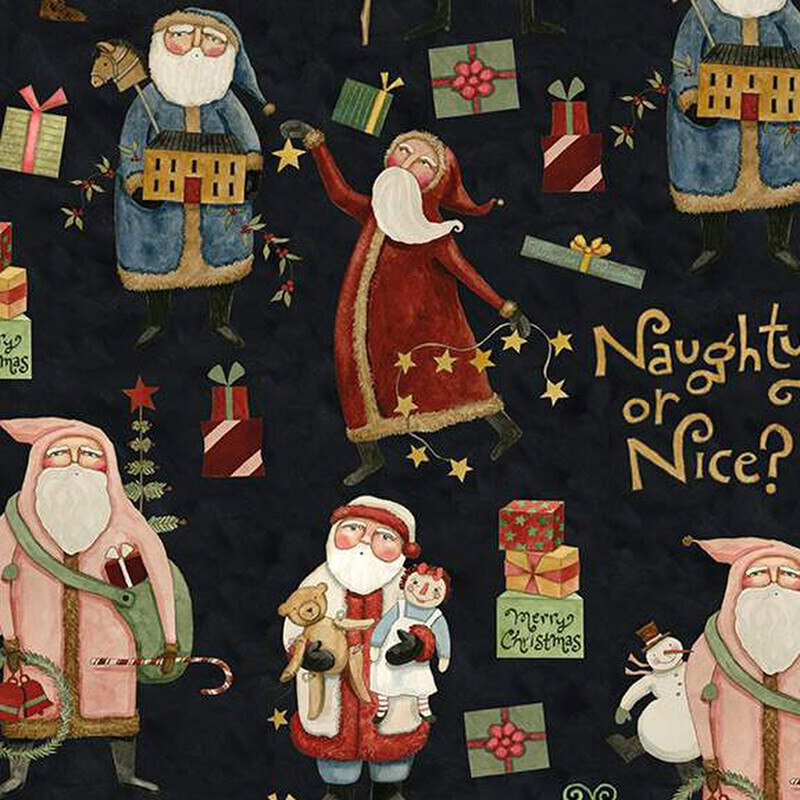 Pattern featuring whimsical Santas with gifts, stars, and text Naughty or Nice? on a dark background.