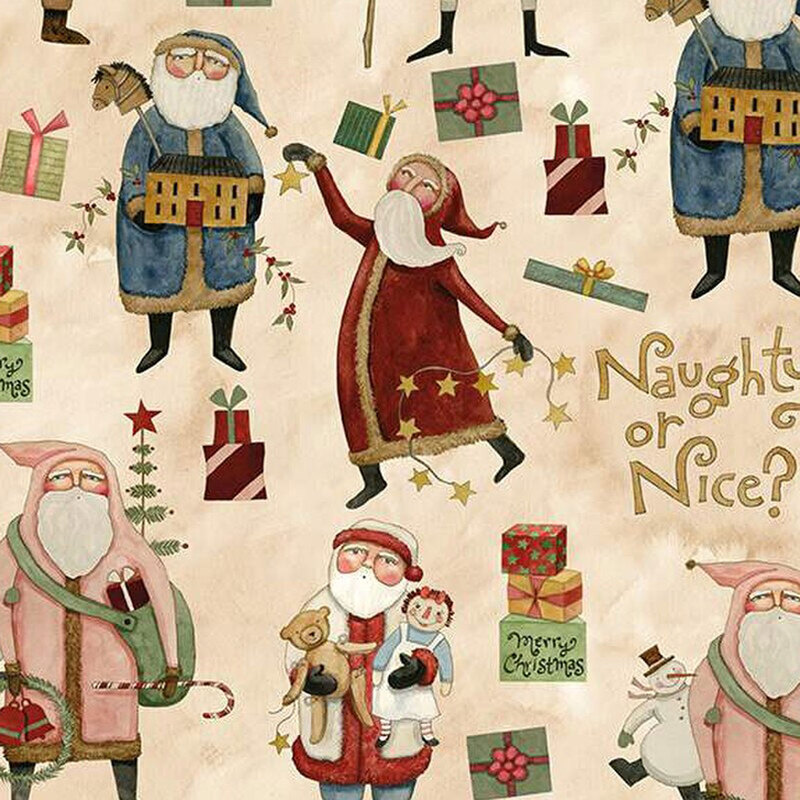 Pattern featuring Santa characters in various outfits, gifts, and the phrase Naughty or Nice?