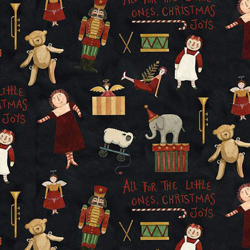 Pattern featuring whimsical Christmas-themed characters and toys on a dark background.