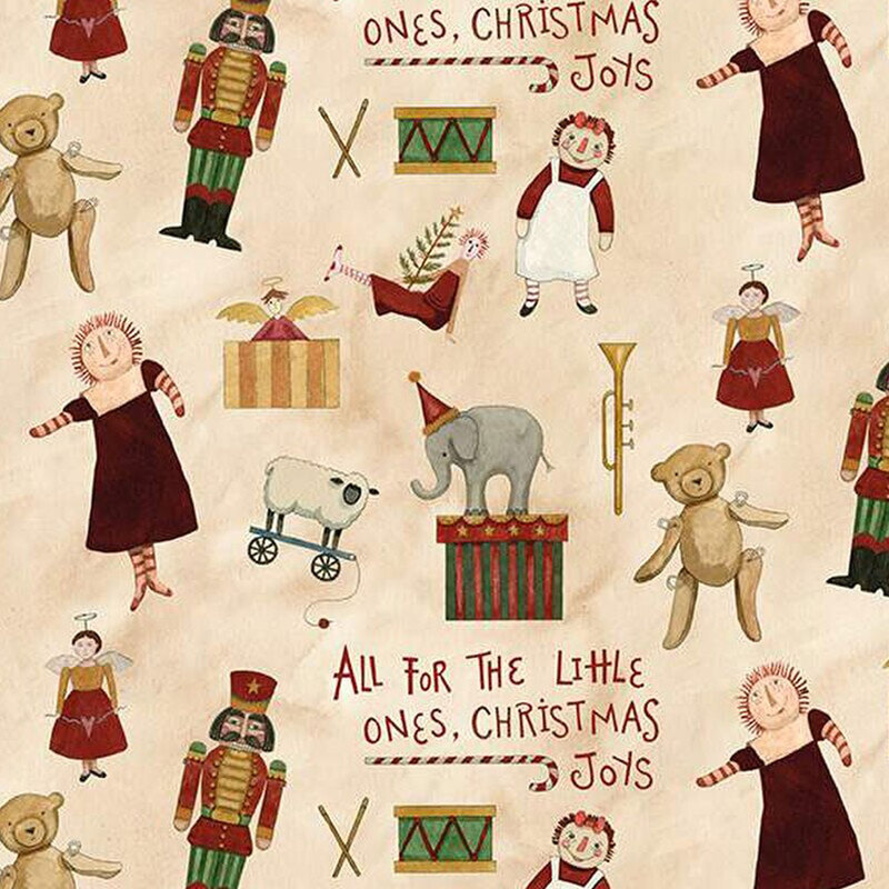 A whimsical Christmas-themed pattern featuring toys, dolls, and the text All for the little ones, Christmas joys.