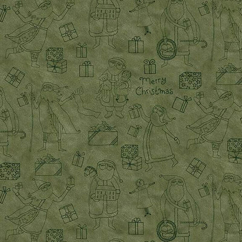 Background pattern featuring festive illustrations, gifts, and Merry Christmas text in green shades.