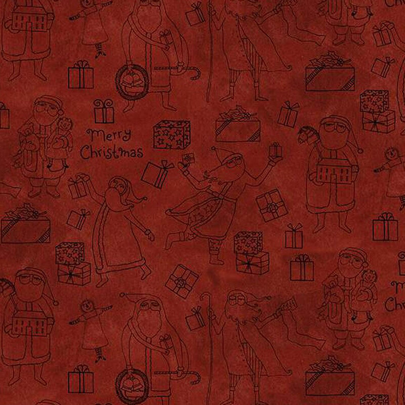 A festive red background features outlined characters celebrating Christmas, with presents and Merry Christmas text.