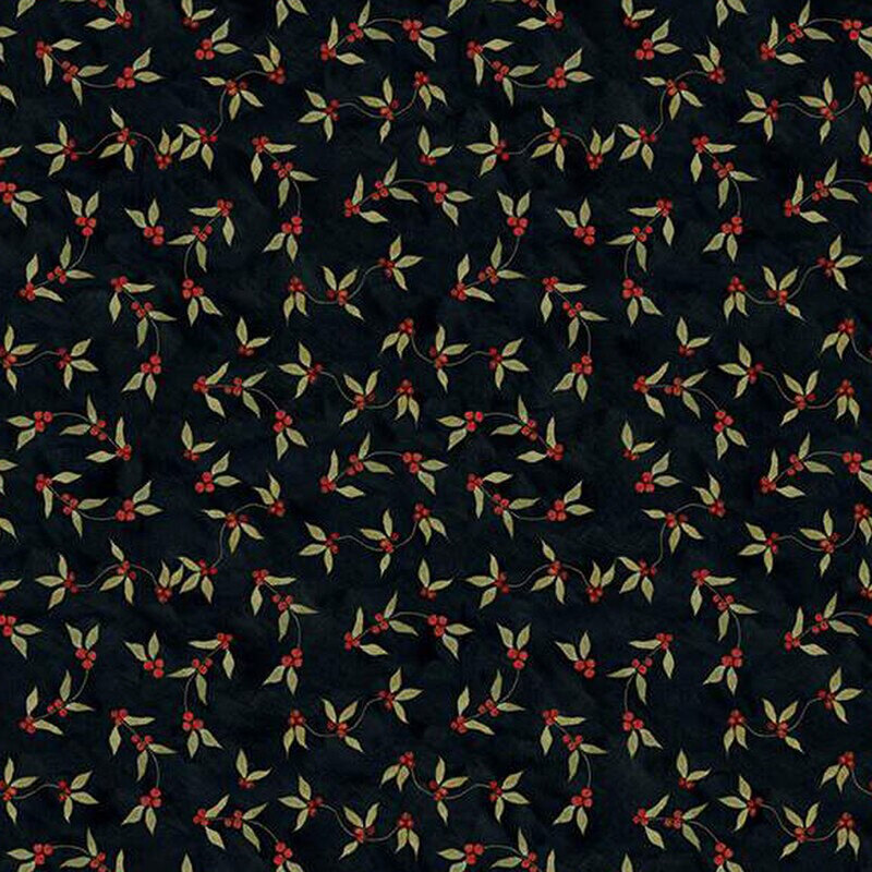 A dark fabric pattern featuring small red flowers and green leaves arranged throughout.