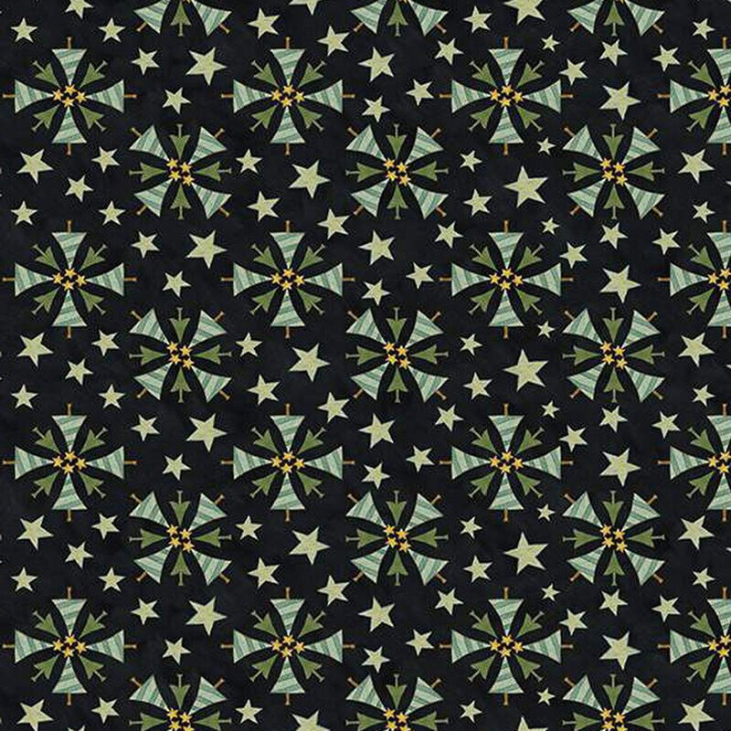 Repeating pattern of stars and geometric shapes in green and gold on a black background.