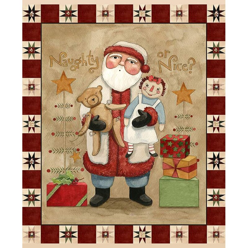 A whimsical illustration of Santa holding a teddy bear and a doll, framed by holiday decor.