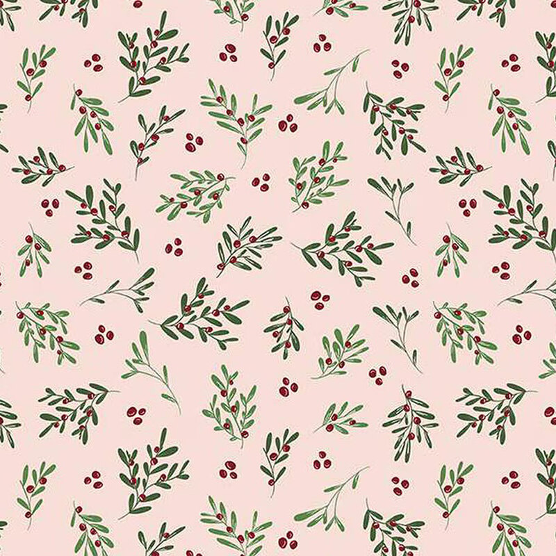 Pattern of green leaves and red berries on a soft pink background, creating a botanical design.