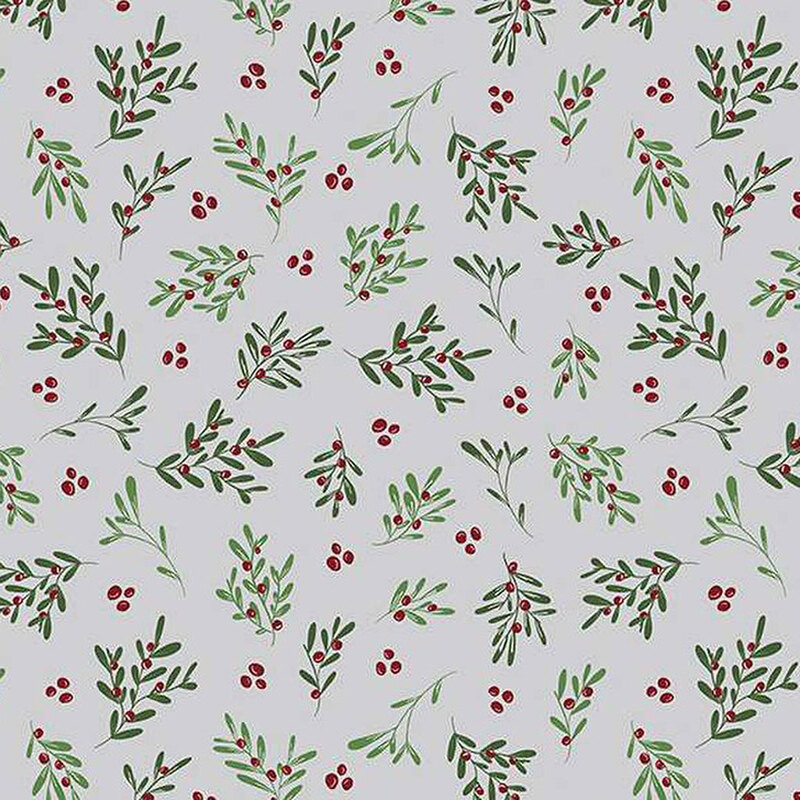 Pattern of green leaves and red berries on a light gray background, creating a botanical design.