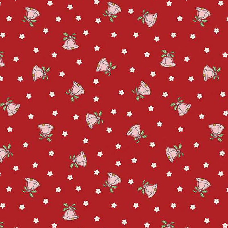 Red background with a repeating pattern of white flowers and small bell-shaped designs with green accents.