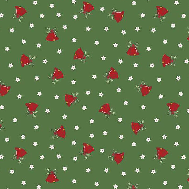 Red and white flowers scattered across a green background, creating a vibrant floral pattern.