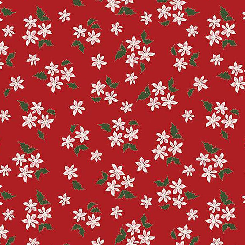 Red fabric pattern featuring white flowers and green holly leaves.