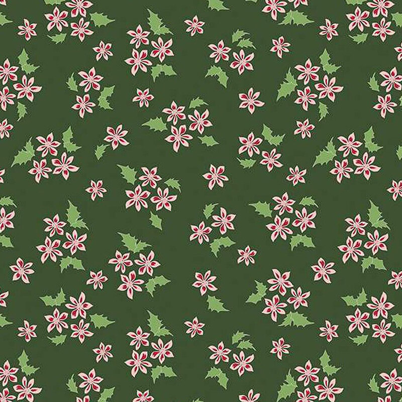 Pattern of pink flowers and green holly leaves on a dark green background.