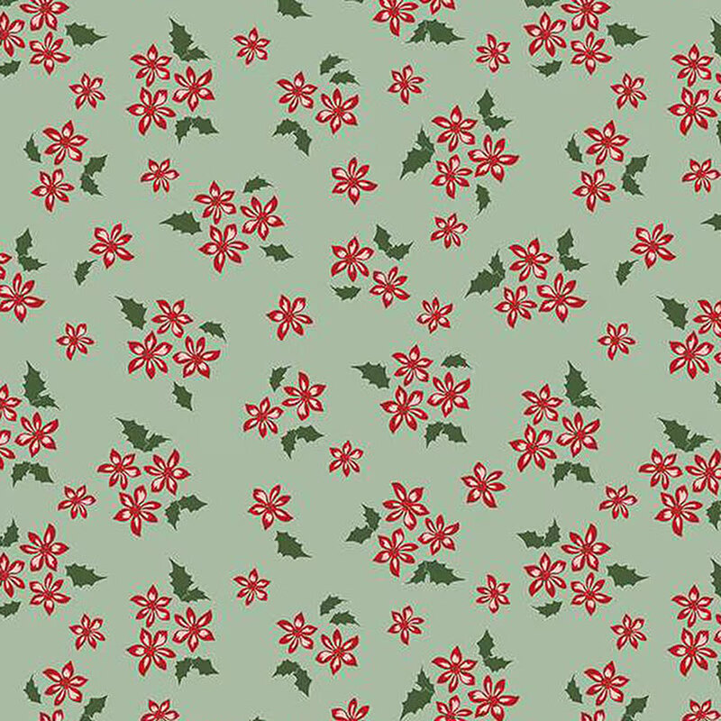 Green background with scattered red flowers and holly leaves, creating a festive pattern.