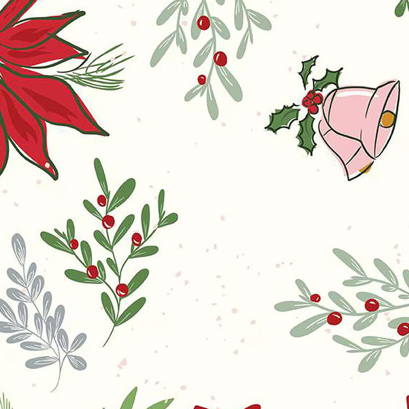 Pattern of red poinsettias, green holly, and decorative bells on a light background.