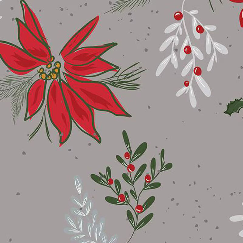 Pattern of red poinsettias, holly, and mistletoe on a textured gray background.