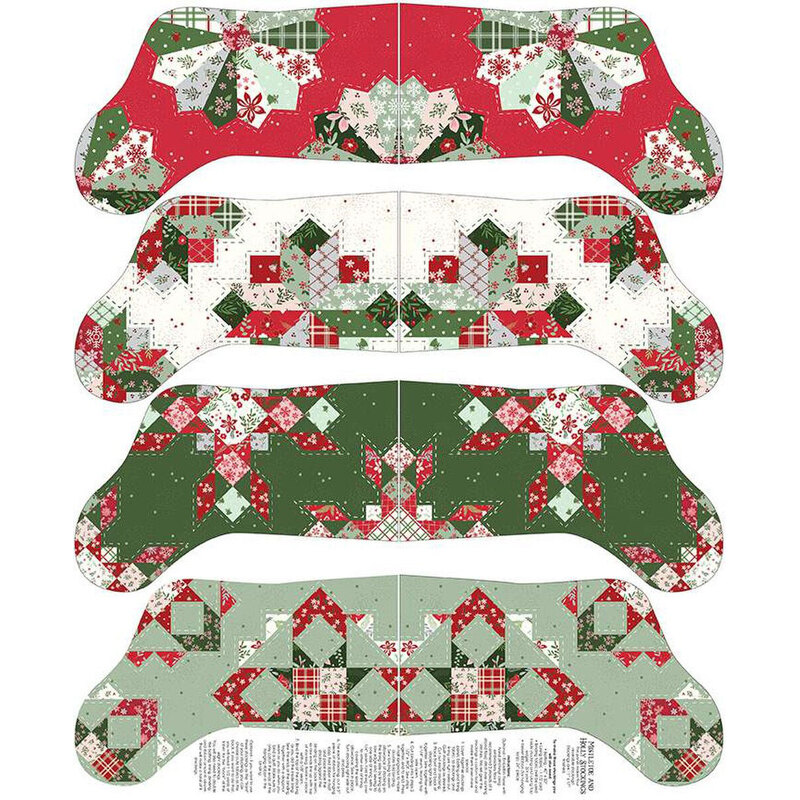 Four fabric panels featuring festive patterns in red, green, and white, designed for quilting.