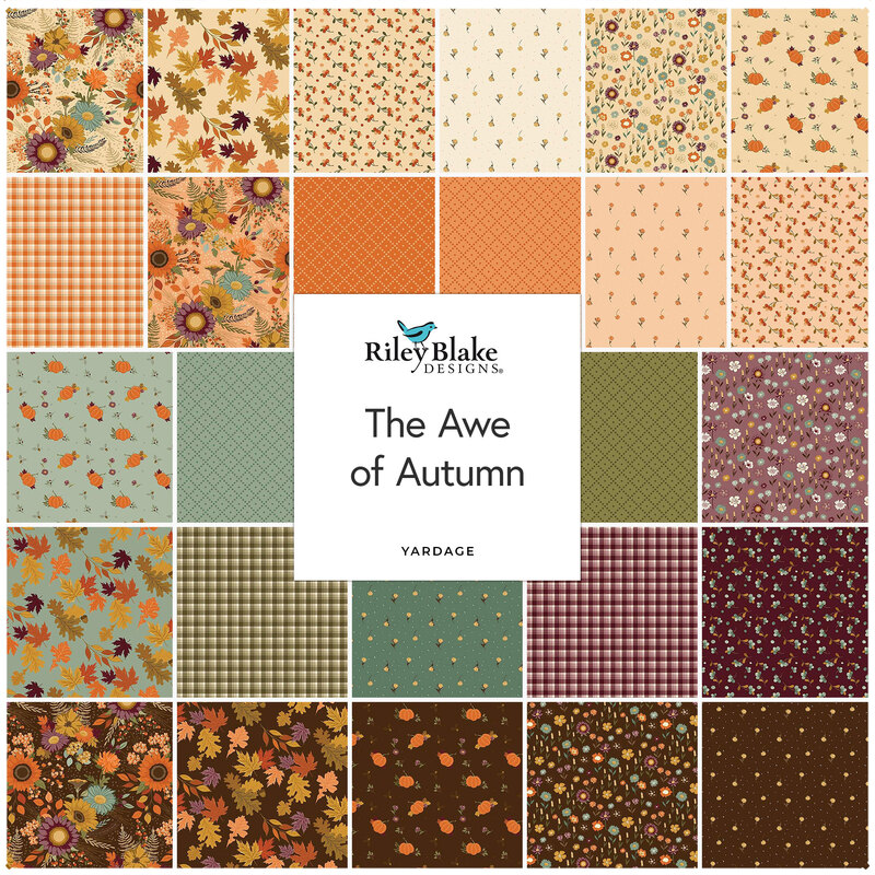 A grid of autumn-themed fabric patterns in warm colors featuring leaves, flowers, pumpkins, and ginghams.