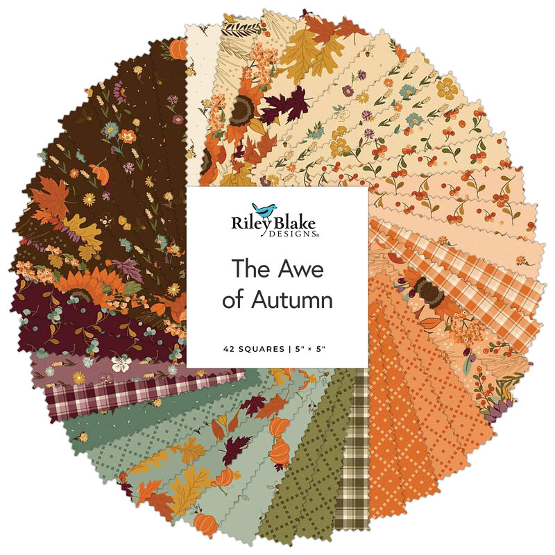 A spiraled collage of fabric squares titled “The Awe of Autumn” by Riley Blake Designs, featuring autumn colors and patterns.