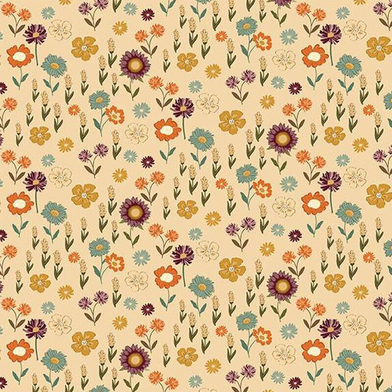 Floral fabric featuring colorful flowers and leaves on a light beige background.