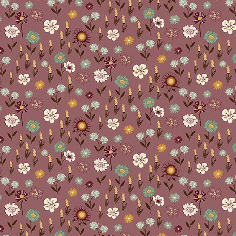 A repeating floral fabric with various colorful flowers and plants on a muted purple background.