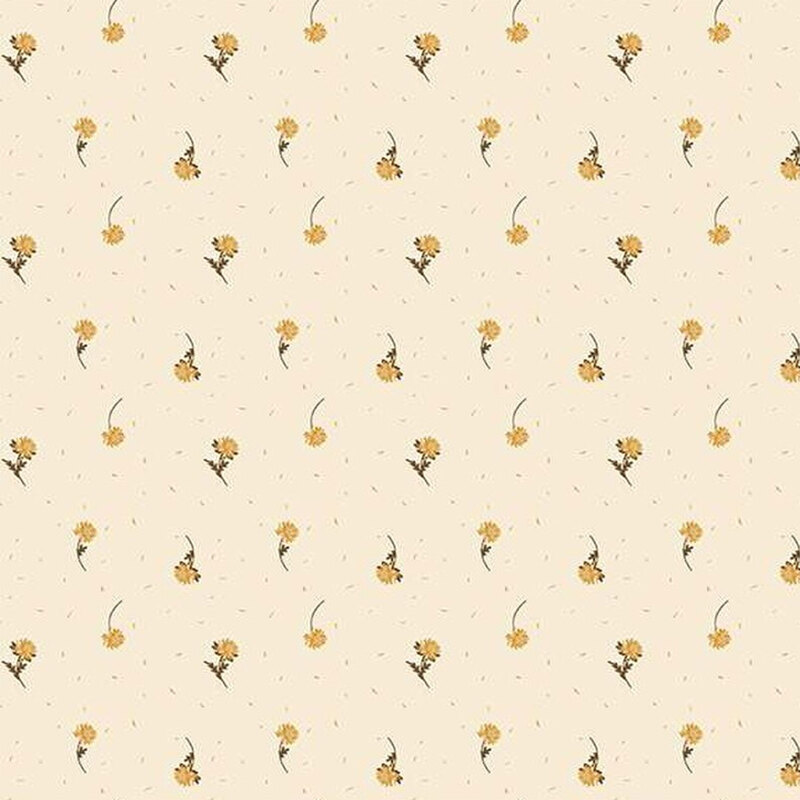 Fabric with a repeating floral pattern with small yellow flowers on a cream background.