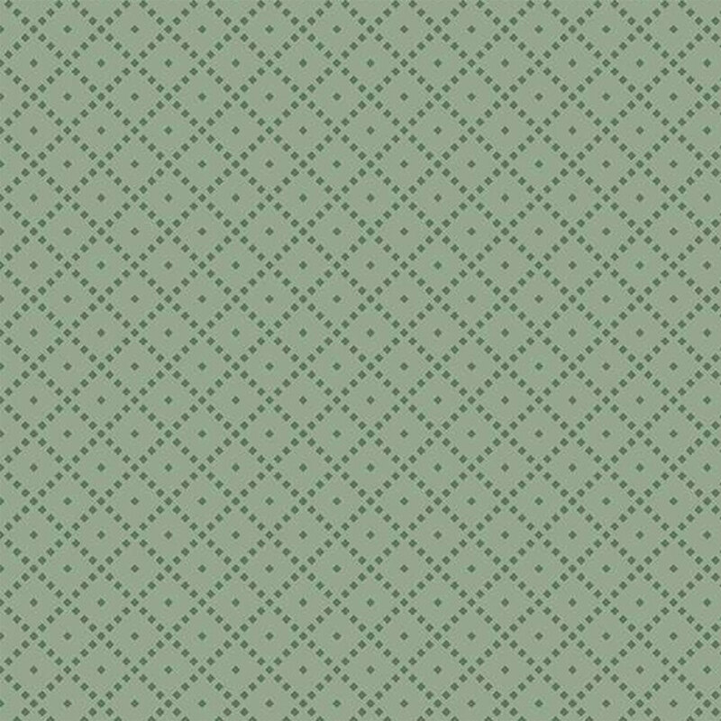 Fabric featuring a tonal teal background with a diamond pattern and small light-colored dots.