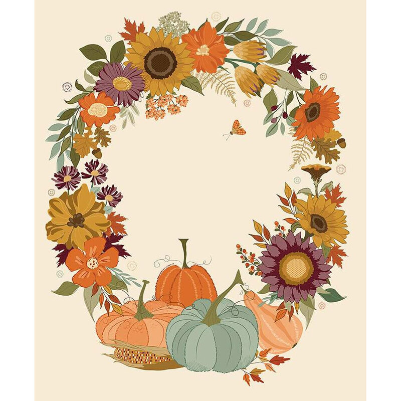 Fabric panel with a wreath of colorful flowers and pumpkins on a cream background.