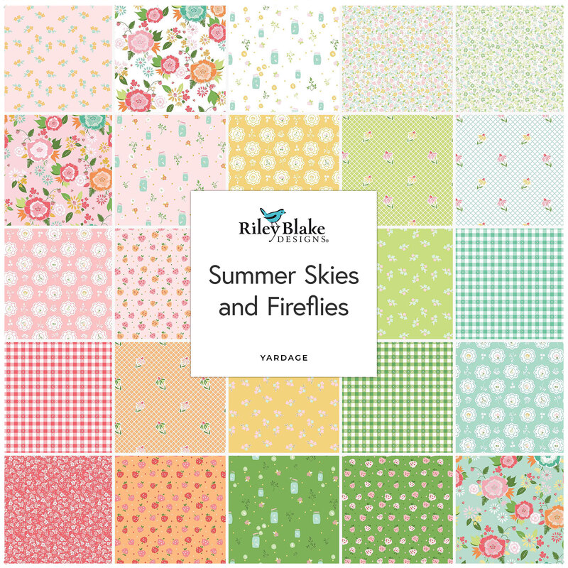 Colorful collage of fabric squares, labeled Summer Skies and Fireflies by Riley Blake Designs.