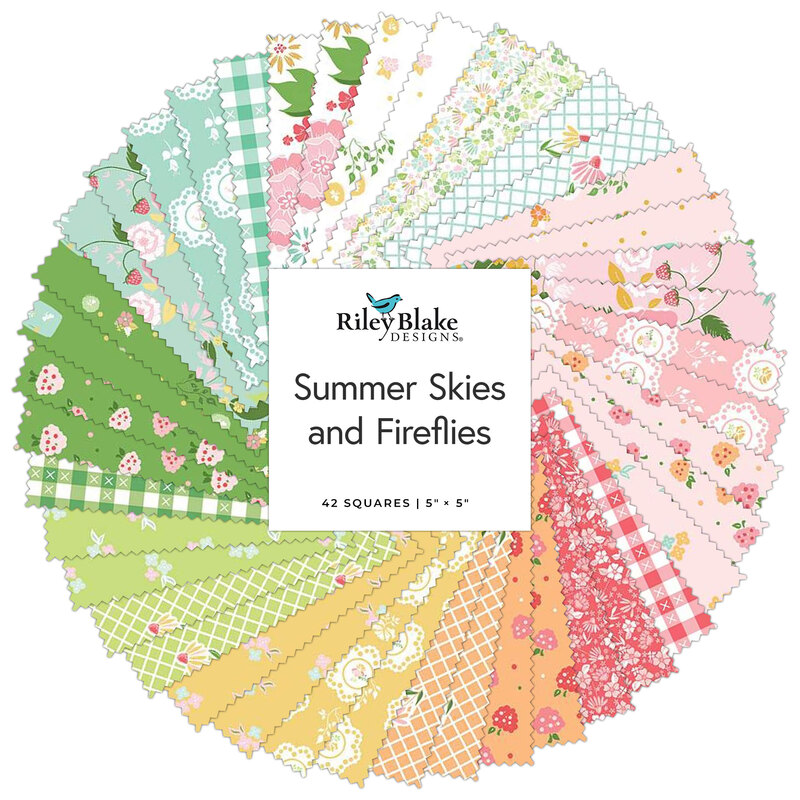 Colorful fabric squares arranged in a circular shape, labeled Summer Skies and Fireflies by Riley Blake Designs.