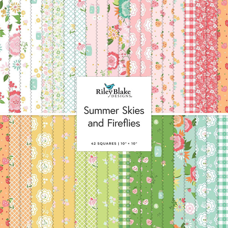 stacked collage of colorful fabric swatches, labeled Summer Skies and Fireflies by Riley Blake Designs.