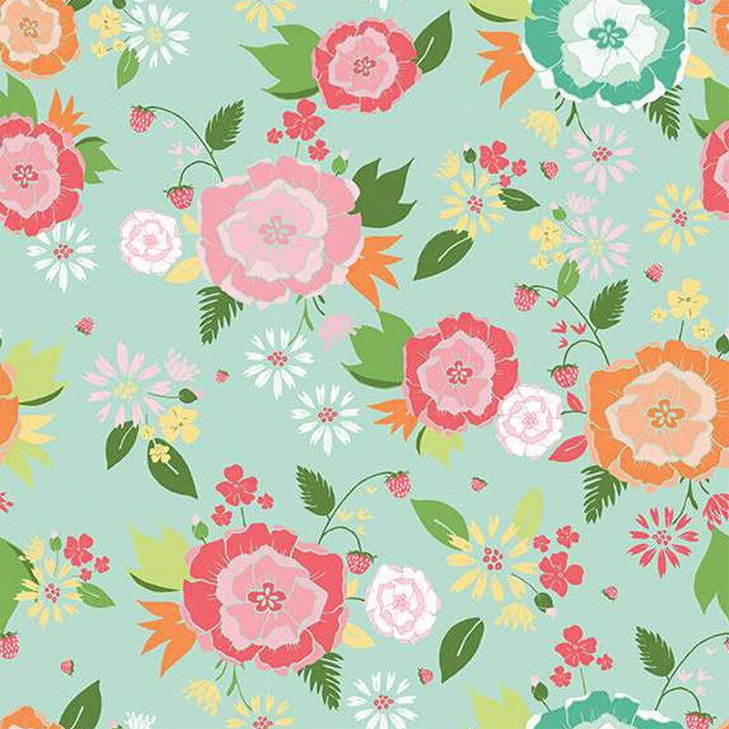 Seamless floral pattern featuring various colorful roses and small flowers on a light teal background.