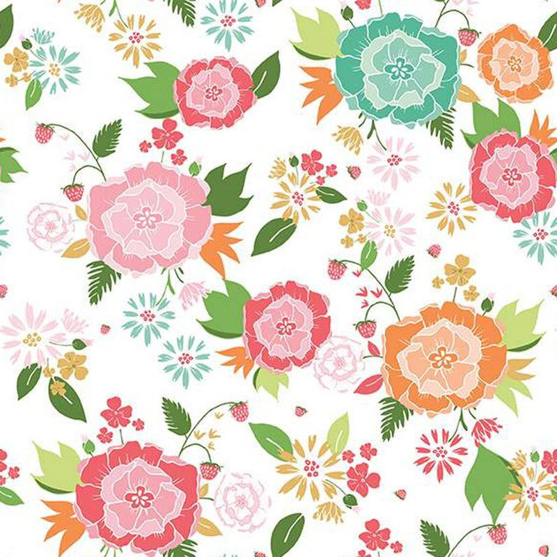 Colorful floral pattern featuring pink, orange, and teal flowers on a white background.