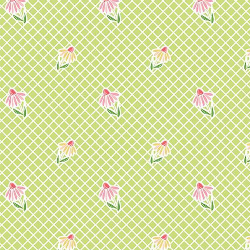 A fabric with a green lattice background featuring pink and white flowers