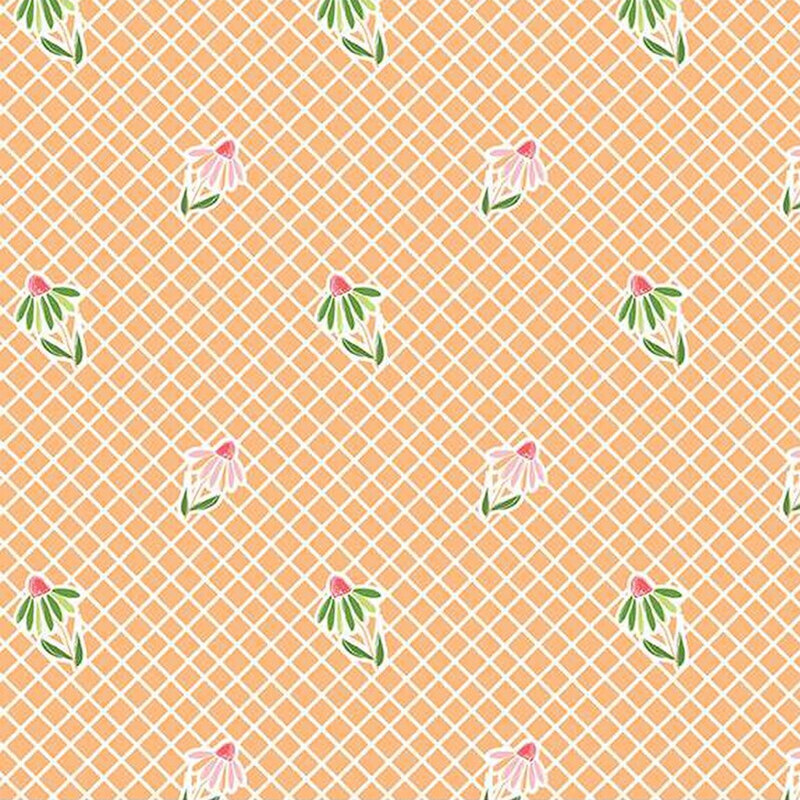 Fabric with an orange lattice background featuring scattered floral designs with pink and green accents.