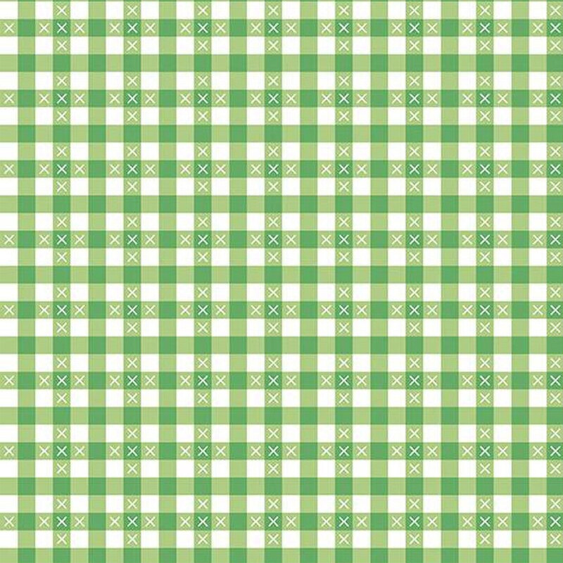 Green and white gingham print with small white X's throughout