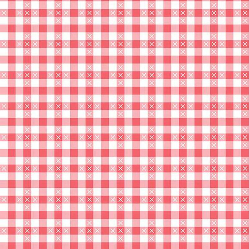 Red and white gingham print with small white X's throughout