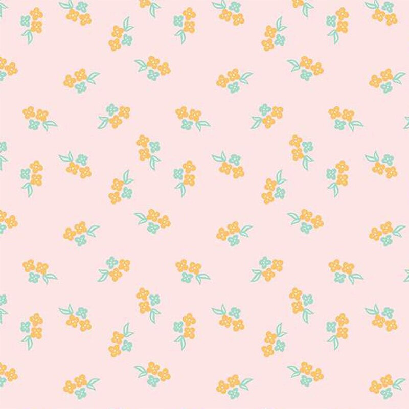 Light pink fabric with a calico patter of orange and teal florals