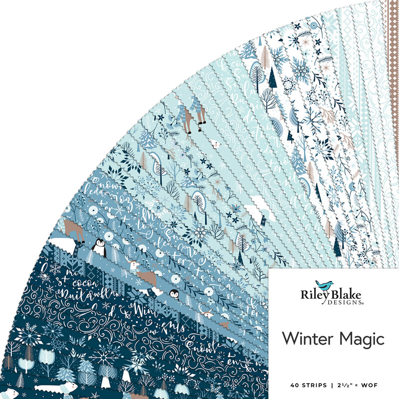 A fan of fabric strips in winter-themed patterns, featuring blues and whites, labeled Winter Magic.